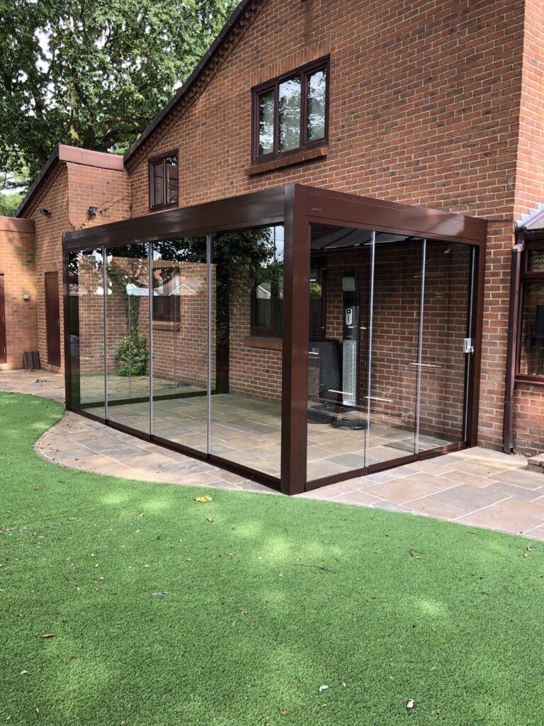 glass and brown pergola for traditional house
