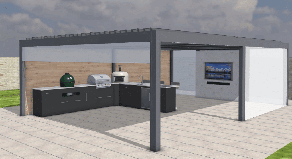 outdoor kitchen and media wall render