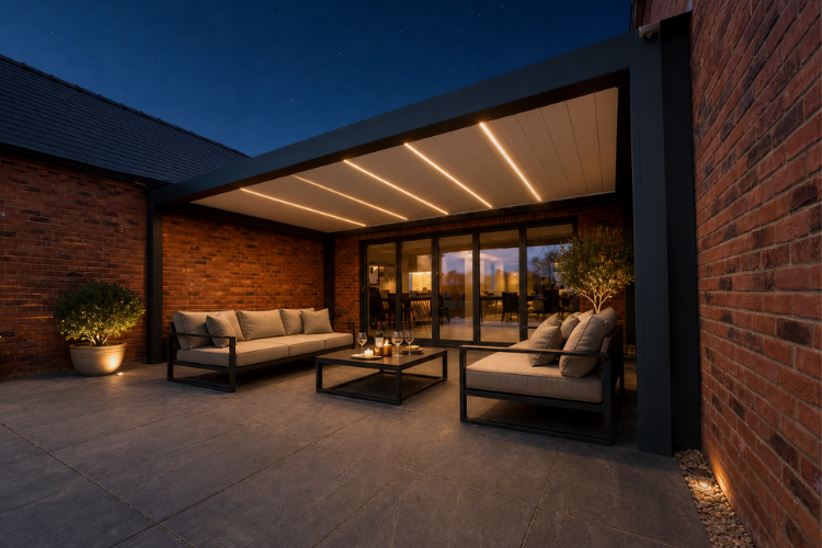 pergola dresses at night with closed roof and lighting
